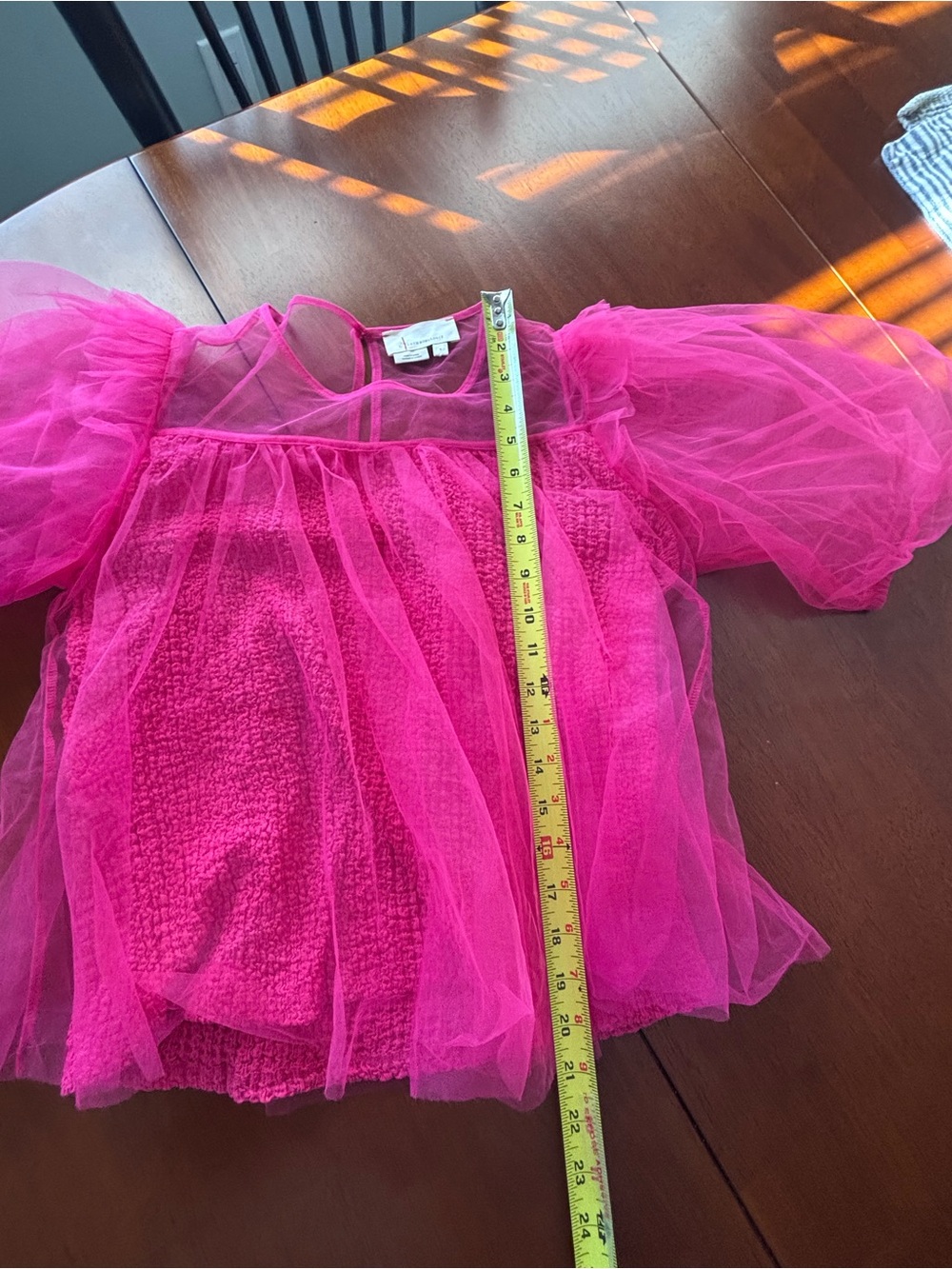 Anthropologie Pink Sheer Tulle Puff Sleeve Smocked Blouse Top Size Small - Picture 12 of 12